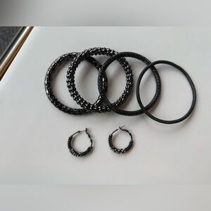 Gray Metal Bangle Bracelets and Hoop Earrings Set